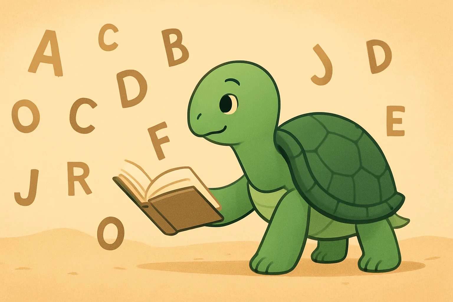 TortoLingua turtle（カメ）が登場する記事用イラスト：現在のレベルより少し上の「わかるインプット」を読み込むTortoLinguaのカメの編集イラスト。