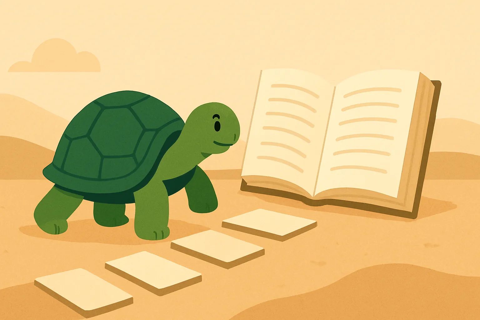 TortoLingua turtle(カメ)が登場する記事用イラスト:穏やかな毎日の語学学習ルーティンに従うTortoLinguaのカメの編集イラスト。