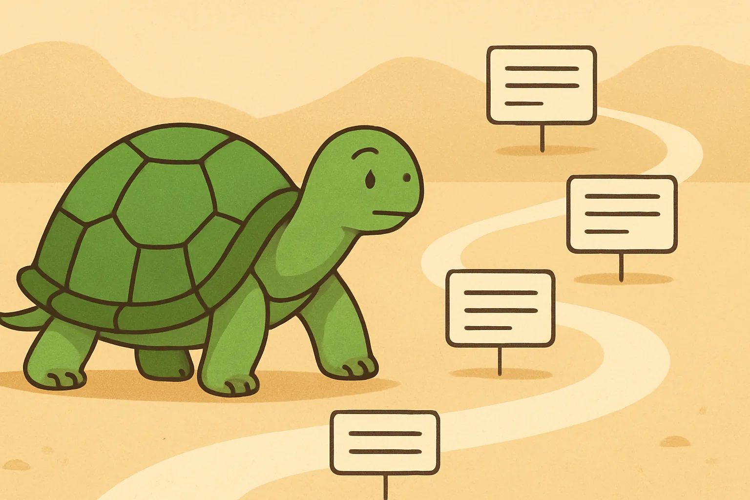 TortoLingua turtle（カメ）が登場する記事用イラスト：記事「Language Learning Plateau：Why You're Stuck and How to Break Through」のための挿絵。落ち着いた読書の道を歩むTortoLinguaのカメのビジュアル。