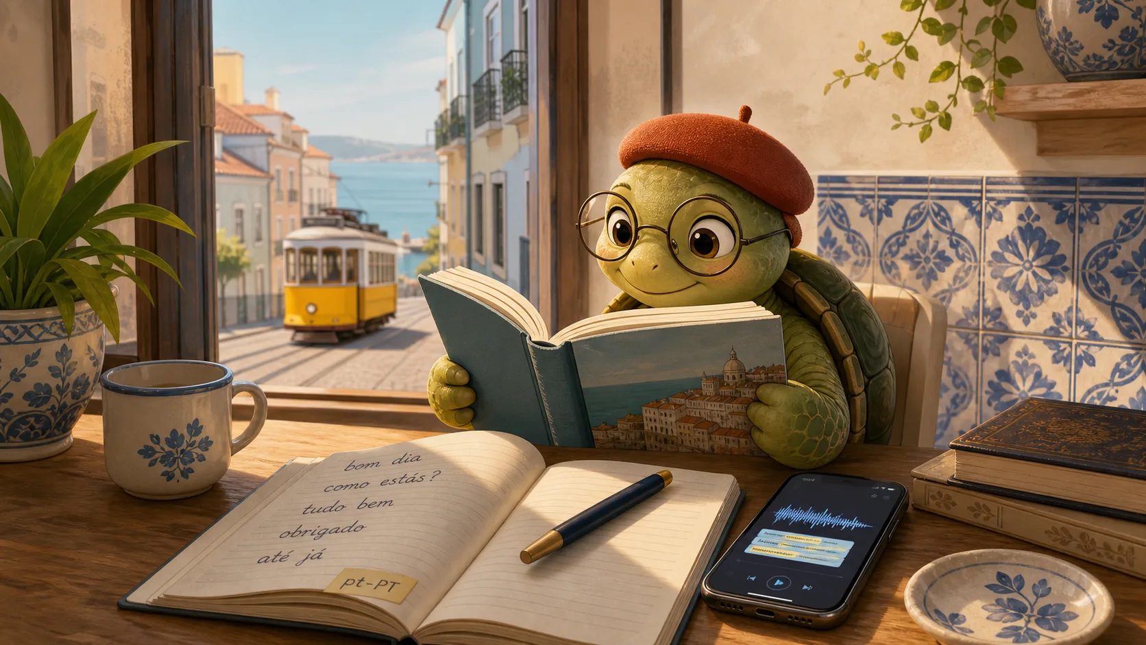 TortoLingua turtle（カメ）が登場する記事用イラスト：リスボンの窓辺でpt-PTの音声を聞きながらヨーロッパ・ポルトガル語の文章を読むTortoLinguaのカメ