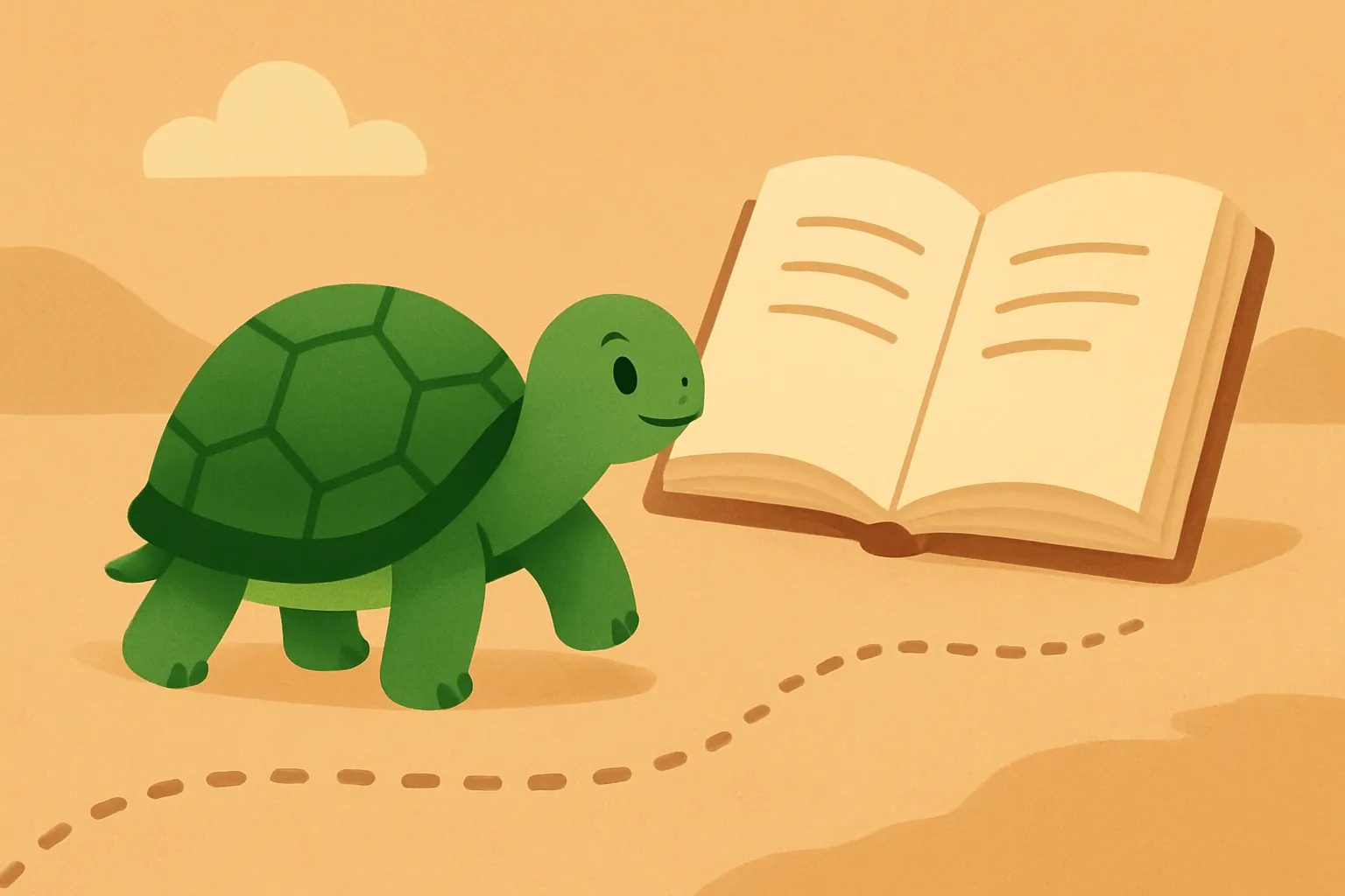 TortoLingua turtle(カメ)が登場する記事用イラスト:記事「渡航前に言語を学ぶ方法|海外移住のための完全準備ガイド」のための、落ち着いた読書の道のシーンにいるTortoLinguaのカメの編集イラスト。