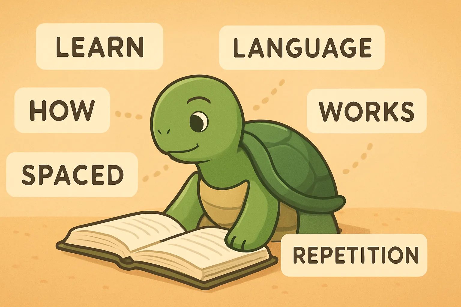 TortoLingua turtle(カメ)が登場する記事用イラスト:記事「言語学習におけるスペースド・リピティションの仕組み:単語を「良く」覚えるための科学」に関連して、TortoLinguaのカメが文脈から意味を見つける様子を描いた編集イラスト。