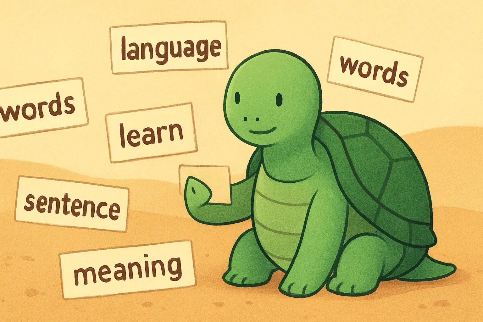 TortoLingua turtle（カメ）が登場する記事用イラスト：記事「言語を学ぶのに年を取りすぎ？研究は『ノー』と言う」のために、TortoLinguaのカメが文脈から意味を見つける様子を描いた編集イラスト。