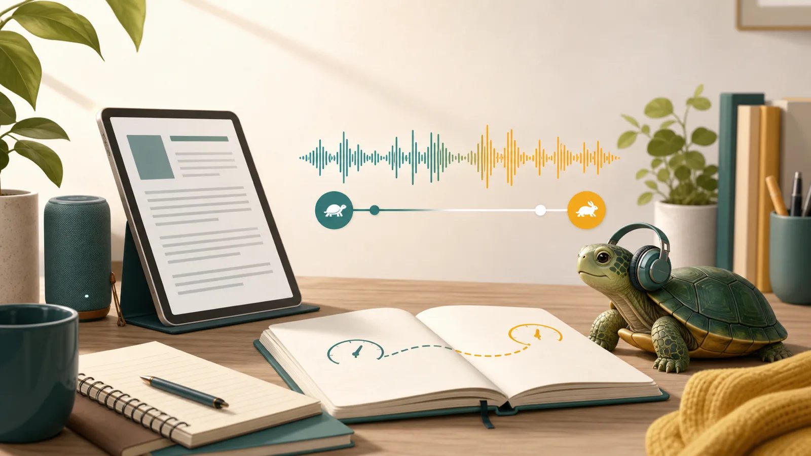 Żółw TortoLingua słucha tekstu w słuchawkach obok fali audio i znaczników prędkości