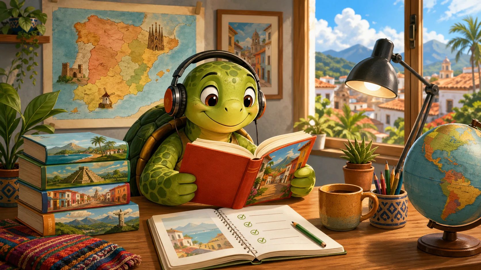 A tartaruga TortoLingua lê textos iniciais de espanhol com áudio e plano semanal de leitura