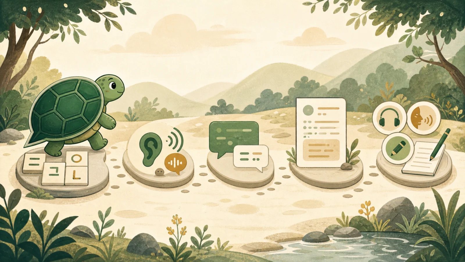Mascote tartaruga da TortoLingua a seguir um roteiro de cinco etapas, dos blocos de Hangul à prática equilibrada de coreano